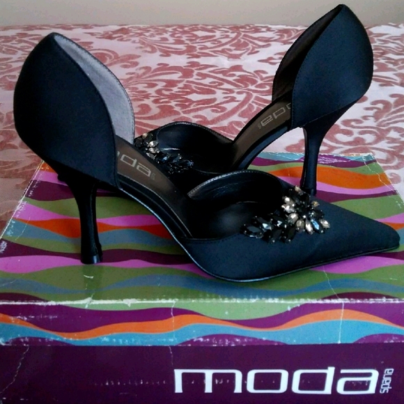Moda Spana Satin Black Rhinestone High Heels - Picture 3 of 5